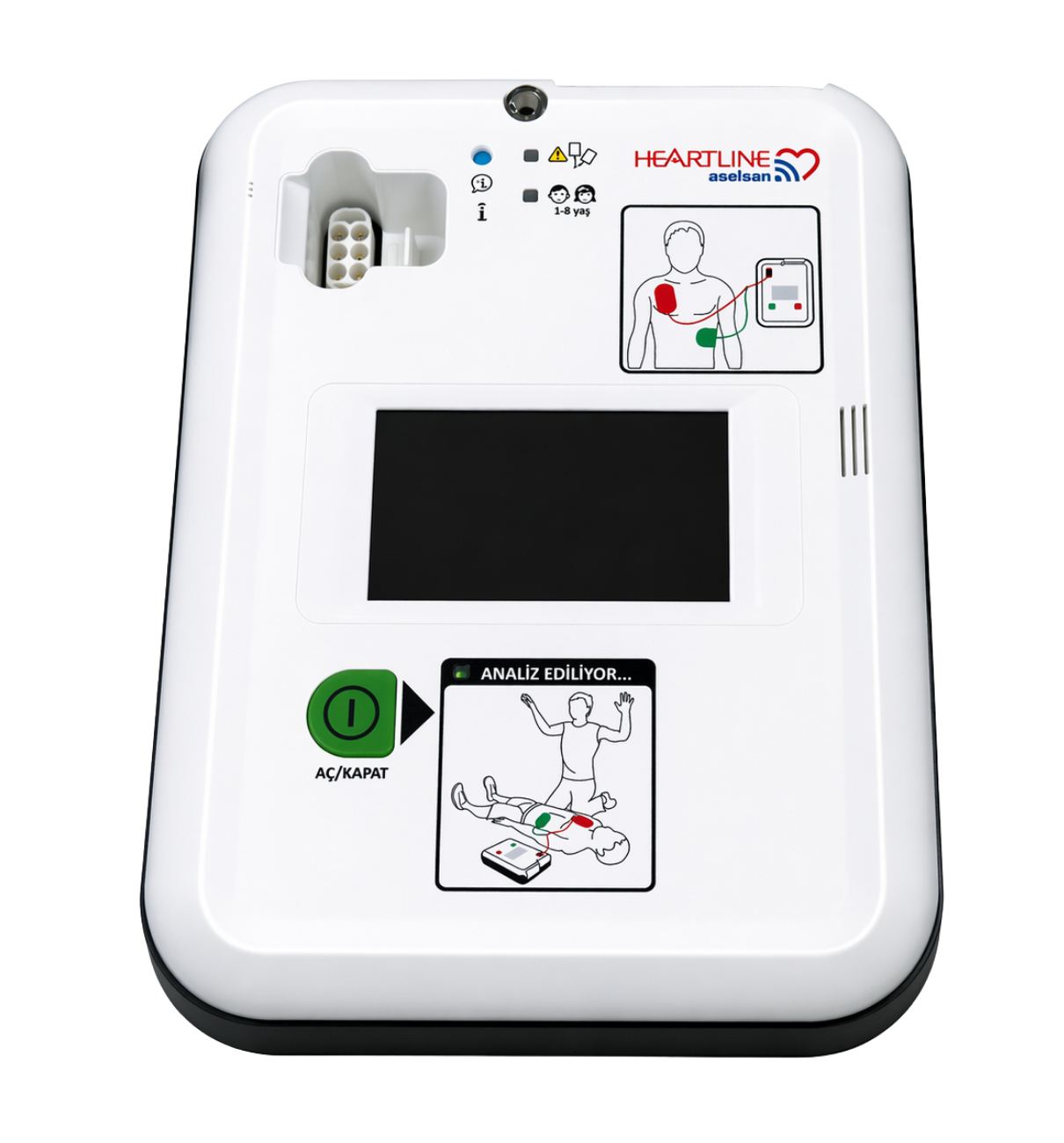 ASELSAN HEARTLINE AED 300 IoT ekranlı tam otomatik OED cihazı ön görünümü